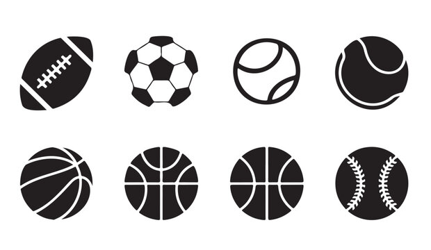 Assorted flat sport balls icons including football, soccer, tennis, basketball, baseball