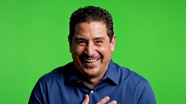 A man laughs heartily with his hand on his chest against a green background