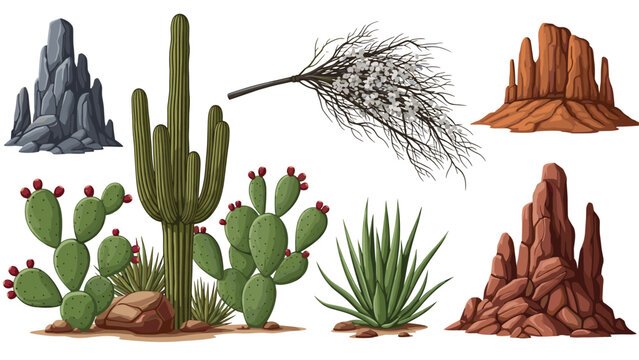 Detailed collection of southwestern desert vegetation including tall cacti, succulents, dry bushes, and rugged mountain rock formations.