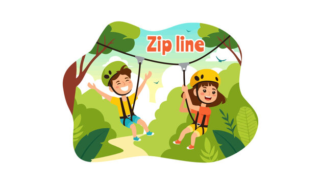 Zip line illustration of two happy children in a forest