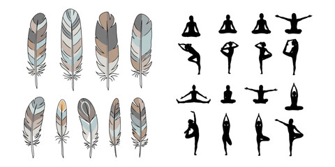  Yoga pose silhouettes with meditation and balance postures, artistic feather illustrations in muted tones, mindfulness, tranquility, flat vector illustration © Roman