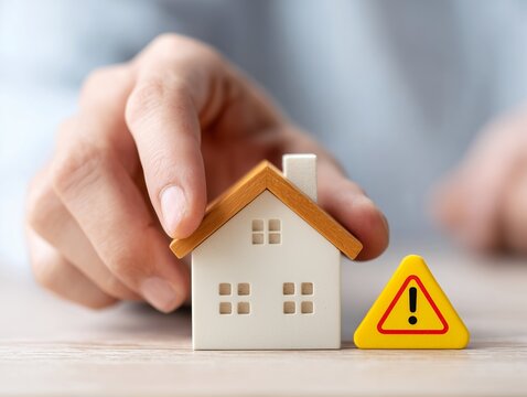 住宅の模型に手を添えて注意標識を横に並べる家づくりや不動産のリスクを懸念する男性