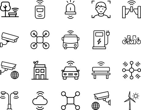 Smart city IoT line icon set CCTV camera drone car charger face recognition