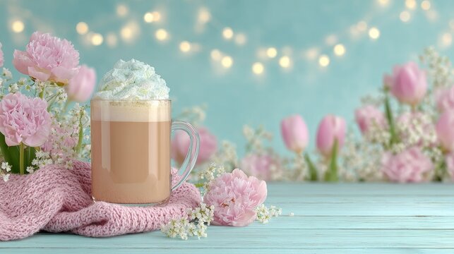 Coffee mug with whipped cream on a pink knitted scarf. Surrounded by pink tulips and carnations against a turquoise background with bokeh fairy lights. Spring seasonal beverage concept.