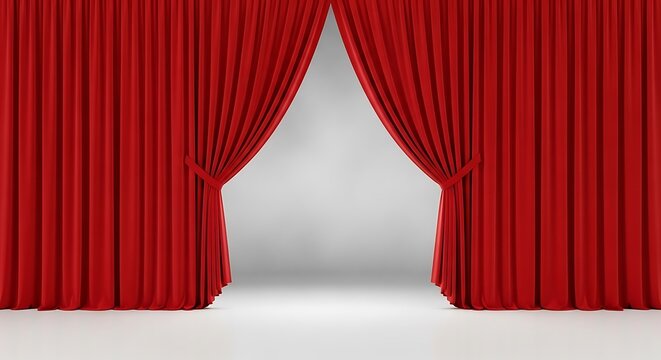 A pair of luxurious deep red velvet curtains pulled back to reveal a bright and empty stage space