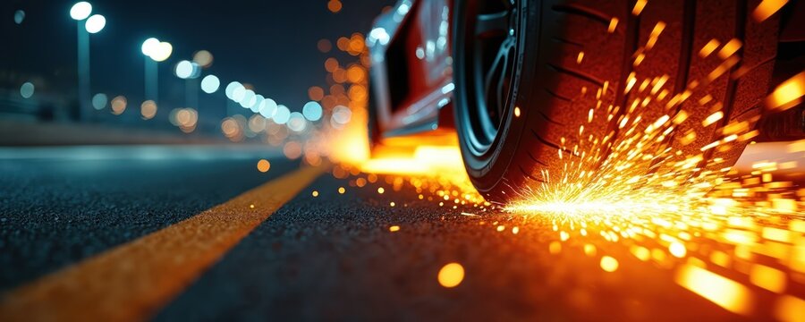 Car tire creates sparks on asphalt road at night. Speeding vehicle on race track with bokeh lights. Extreme motion and energy of fast drive.