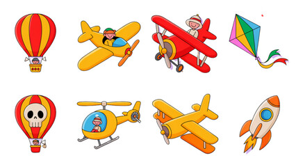 A collection of colorful hand drawn cartoon style flying vehicles and a kite for children to enjoy Vector © adobe stock 