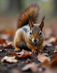 Obraz premium Fox squirrel poses in dry leaves on forest floor. Small rodent with brown fur looks alert into camera. Wild mammal active in autumn nature habitat.