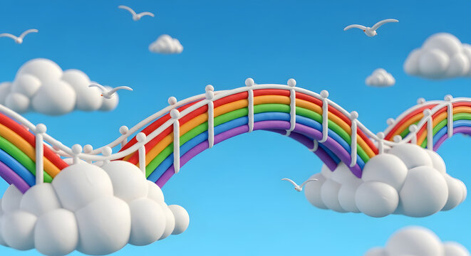 A magical bridge made of soft white clouds and vibrant rainbows. A whimsical, dreamlike 3D illustration for children's books, fantasy gaming, and creative advertising.
