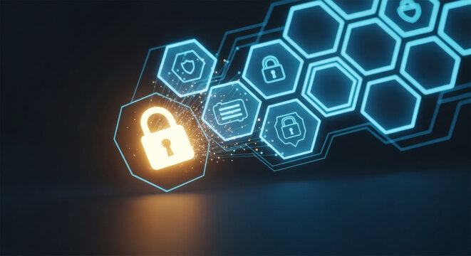 Conceptual representation of a digital security incident with a glowing, fractured padlock icon, symbolizing a data breach or system vulnerability within a secure network framework.