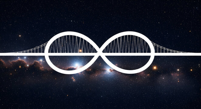 A symbolic bridge forming an infinity loop. Minimalist white silhouette against a cosmic starry background. Represents eternal connection and modern engineering.
