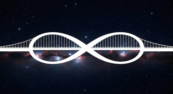 A symbolic bridge forming an infinity loop. Minimalist white silhouette against a cosmic starry background. Represents eternal connection and modern engineering.
