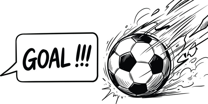 Soccer ball flying with a goal announcement in a comic style illustration