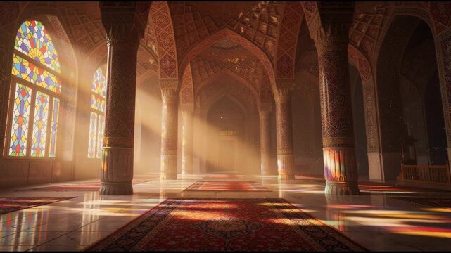 Sunlit interior of a majestic mosque with stained glass windows and ornate Persian carpets