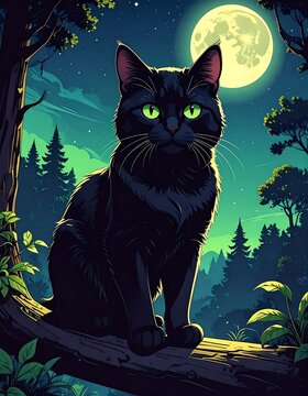 A black cat sits on a branch under a full moon