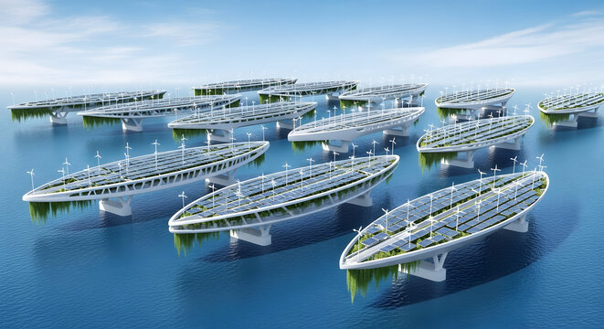 Futuristic floating eco city pods on blue ocean water under bright sky. Aerial view 3D rendering of sustainable aquatic architecture, lilypad urban design, and green technology