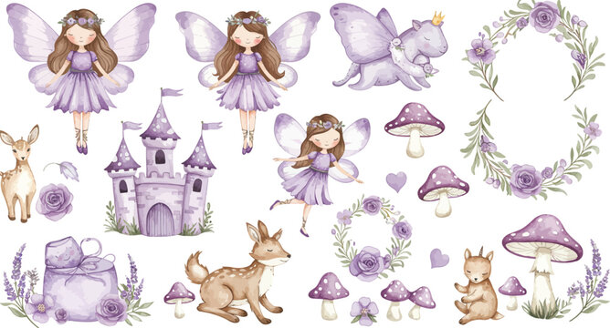 Cute cartoon illustration of a little princess with a butterfly and a fairy with a magic wand wearing a pink dress, featuring art with flowers, a baby angel, and fashion elements for kid happiness