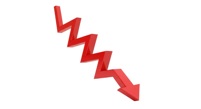A red downward arrow with a jagged line indicating a sharp decline in value isolated on transparent background