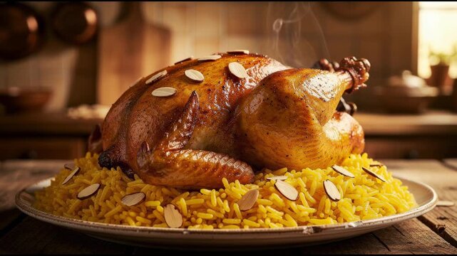 Delicious roasted chicken with saffron rice garnished with almond slices served on a rustic wooden table