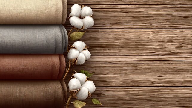 A stack of rolled towels in neutral earth tones beside raw cotton bolls on a dark wooden surface. Top-down view highlighting organic textile origins.