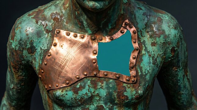 Oxidized copper statue bust with riveted metal plate repair