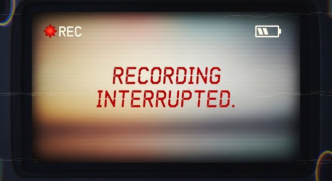 Old camera rec symbol with recording interrupted message, retro glitch, home video.