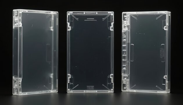 Clear plastic boxes for old VHS tapes shown from different angles. Cases ready for custom labels and inserts. Perfect for retro media collections.