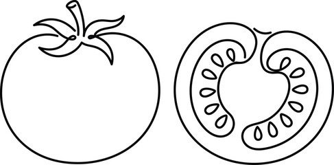 Fototapeta premium Simple line drawing of a whole and halved tomato showing its seeds