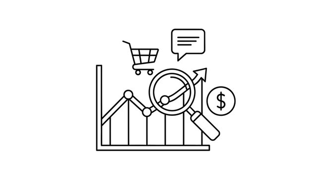 Business growth analysis with shopping cart, magnifying glass, and financial chart
