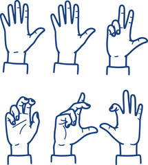 Obraz premium Set of hand gestures and signs, human hands showing different signals, counting, and communication symbols in a simple line art style