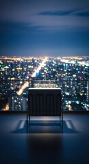 Obraz premium An empty chair rests on a dark balcony overlooking a twinkling city at night, capturing a quiet sense of wakefulness and deep reflection, solitude, height, quiet