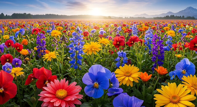 Vibrant Panoramic Floral Landscape Featuring Diverse Multi-Colored Spring Blossoms and Lush Wildflowers in a Wide Botanical Garden Scene Created by Generative Artificial Intelligence Technology