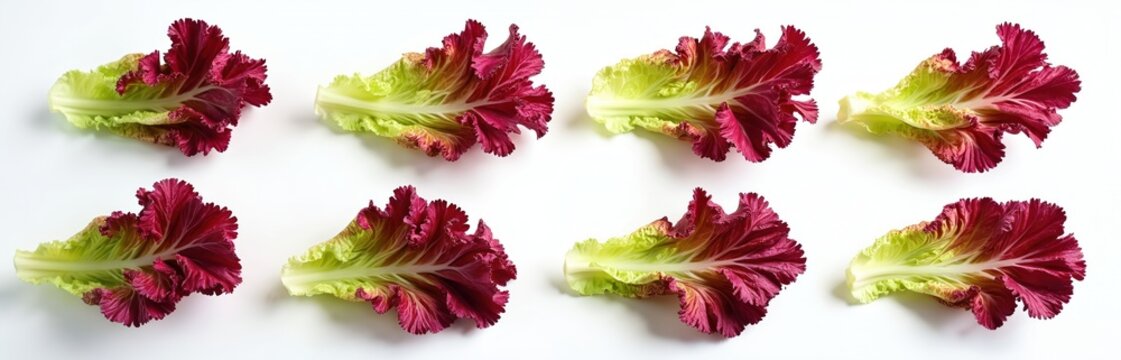 Loose red and green lettuce leaves arranged against a clean white backdrop. Vibrant red edges contrast with pale green centers. Ideal for culinary use healthy eating and organic themes.