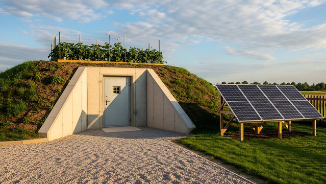 Modern luxury underground survival bunker with solar panels, blast door, and indoor hydroponic garden in a forest.