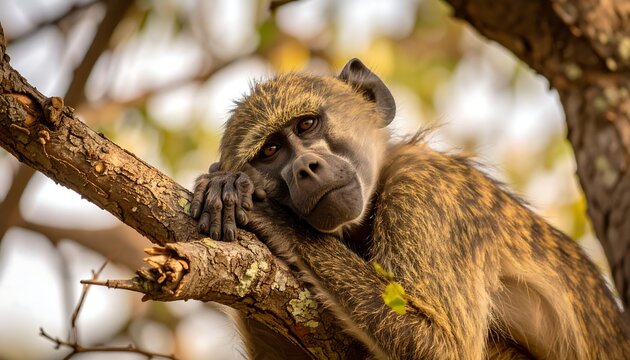 Sad Baboon in a Tree