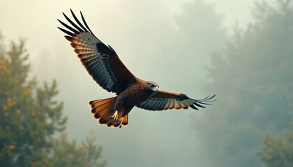 Fototapeta premium Brown hawk with spread wings flies over green trees in hazy sky. This raptor bird hunts in wild nature looking for prey. Majestic flight of predator.