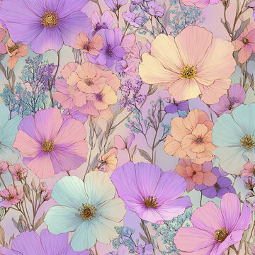 Soft pastel floral pattern with delicate purple, pink, peach, and blue flowers creating airy and elegant garden aesthetic, perfect for wallpaper or textile design