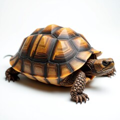 Fototapeta premium Brown turtle reptile with detailed shell pattern isolated on white studio background. Closeup side view of wild animal, creature facing right with textured skin and scaled legs.