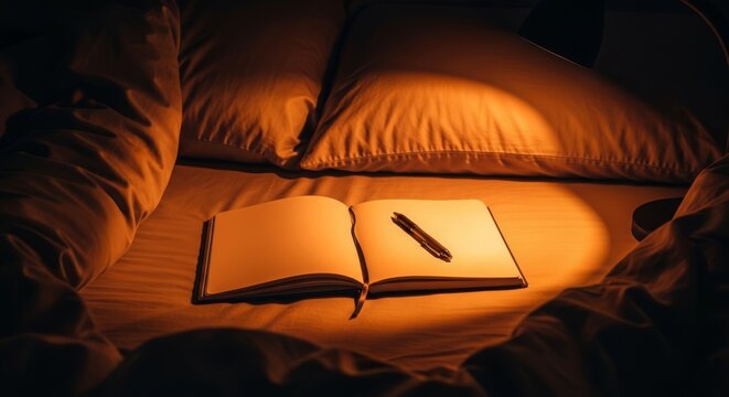 An open notebook and pen rest on a soft bed, illuminated by warm lamp light at night to create a calm atmosphere for evening reflection, dark, light, serene