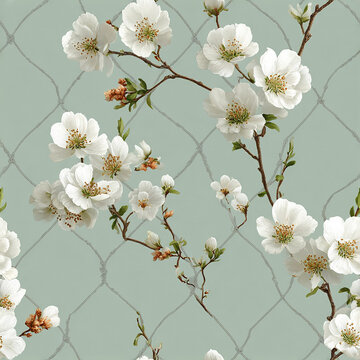 White flower branch pattern with soft green trellis background, delicate spring bloom design creating airy and elegant floral tile perfect for wallpaper or fabric