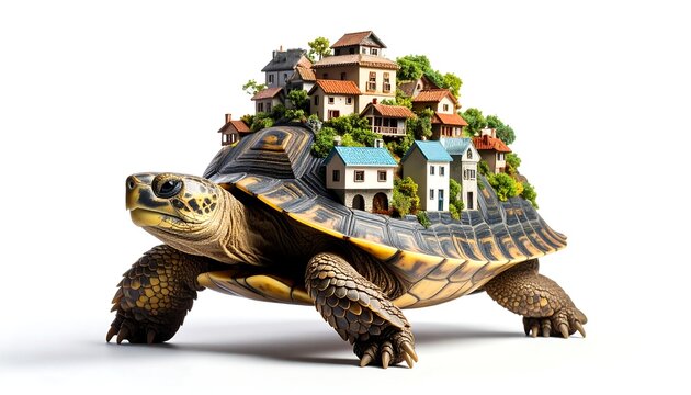 A tortoise carries a miniature village on its back against a plain white background.  The village, composed of small houses and trees, rests atop the shell