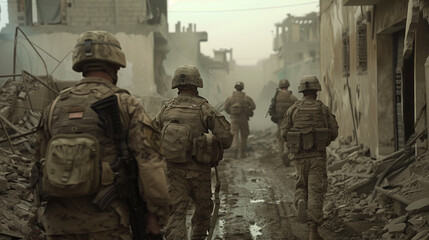 Fototapeta premium Soldiers walk together through a damaged street filled with rubble. The environment shows signs of conflict. Dust hangs in the air as they continue their mission.