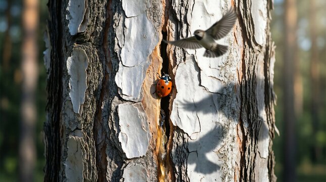 Red ladybug on textured pine bark with flying bird silhouette