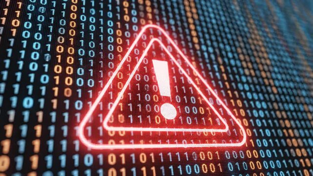 Warning sign on digital binary code background