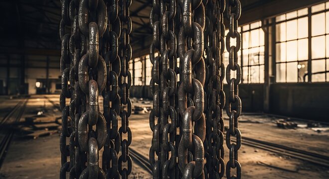 Close up view of heavy rusty metal chains hanging in an abandoned industrial warehouse with large windows in the background illustration