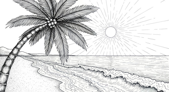 Hand-drawn black and white sketch of a palm tree bending over a beach with ocean waves and sun.