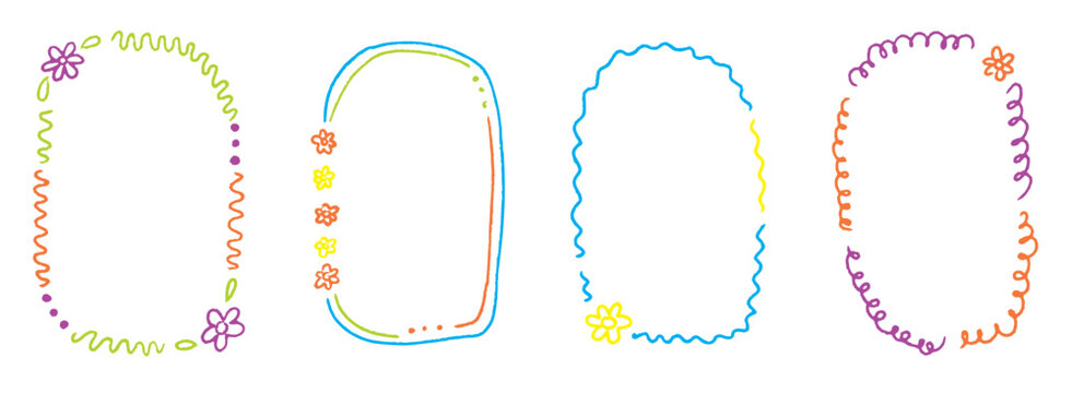 Clean childish lines with light chalk texture and playful shapes. Crayon kindergarten frame set for baby photos, diplomas and children layouts.