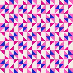 Bright bold vibrant abstract geometric quilt seamless vector pattern, color block. High contrast geometric colorful patchwork background. Pink fuchsia magenta and indigo cobalt blue color combination
