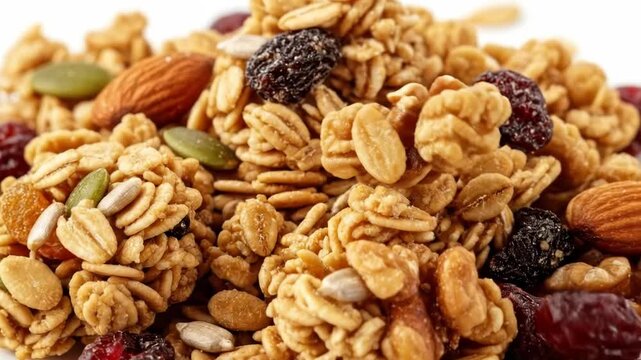A close-up image of a mix of granola and nuts on a white surface