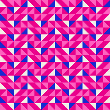 Bright bold vibrant abstract geometric quilt seamless vector pattern, color block. High contrast geometric colorful patchwork background. Pink fuchsia magenta and indigo cobalt blue color combination